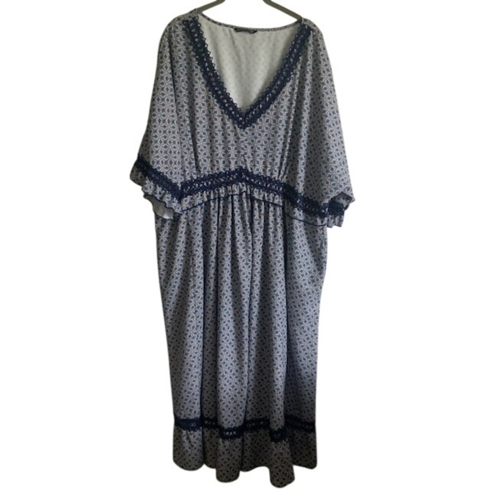 Boho Maxi Dress 22 24 Blue Floral V Neck Ruffle Sleeve Pockets Cottagecore
